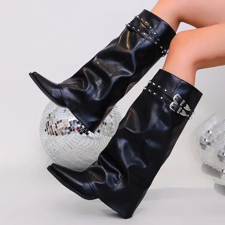 Women's Black Studded Buckle Knee-High Boots