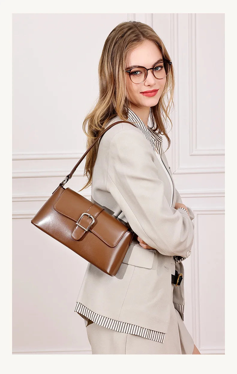 Women's Genuine Leather Baguette Shoulder Bag – Vintage Cowhide Crossbody