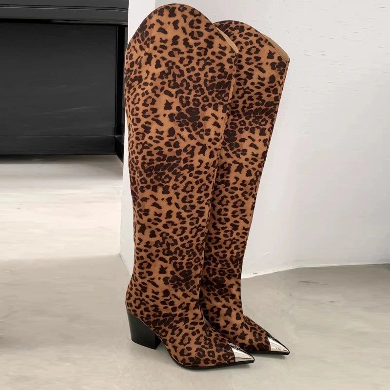 Women's Metal-Toe Western Boots in Leopard Print & Brown