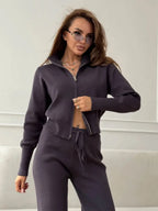 Women's Knit 2-Piece Set Zip-Up Stand Collar Cardigan Wide-Leg Ankle Pants Office Lady Autumn Winter Outfit