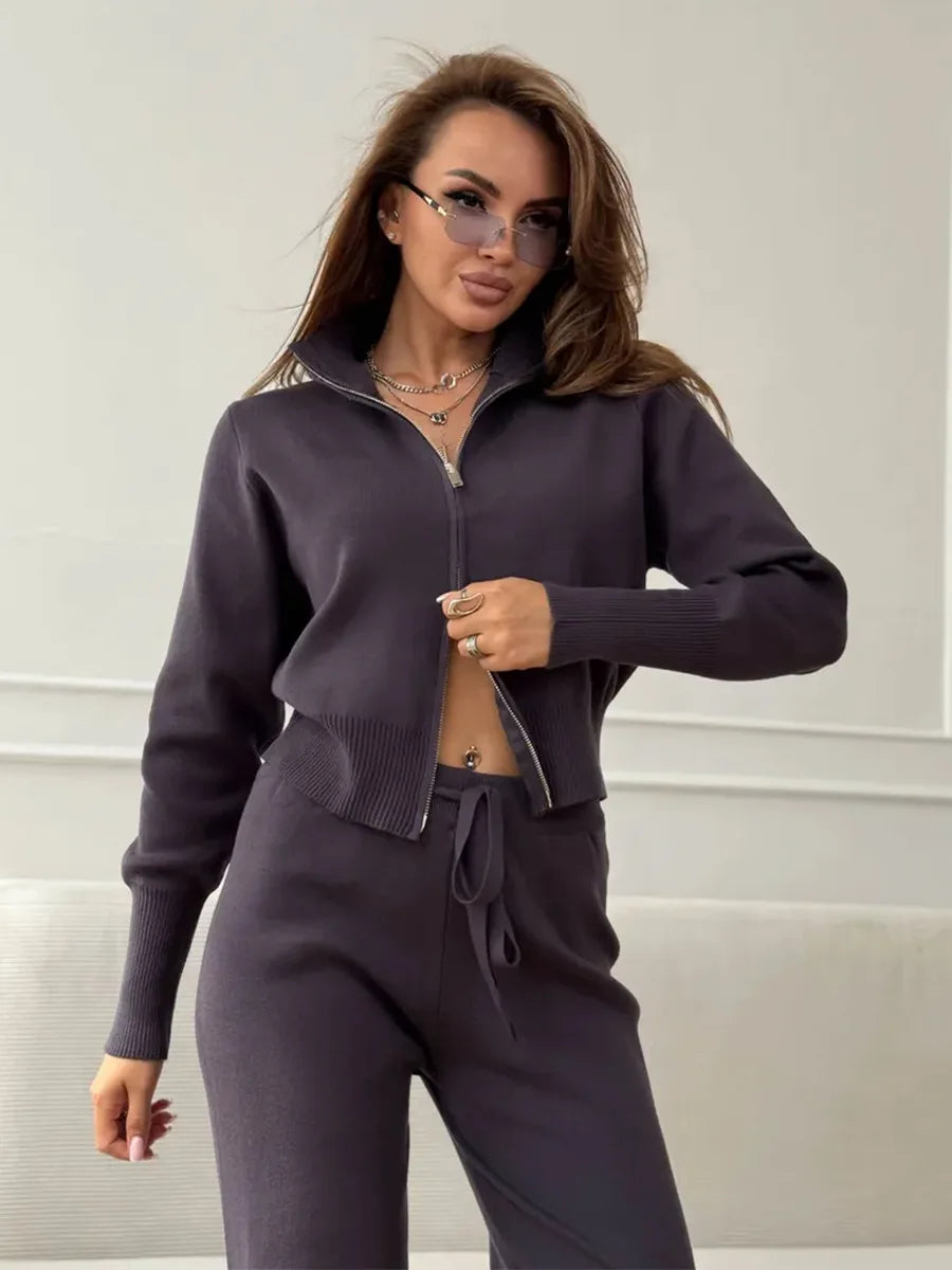 Women's Knit 2-Piece Set Zip-Up Stand Collar Cardigan Wide-Leg Ankle Pants Office Lady Autumn Winter Outfit