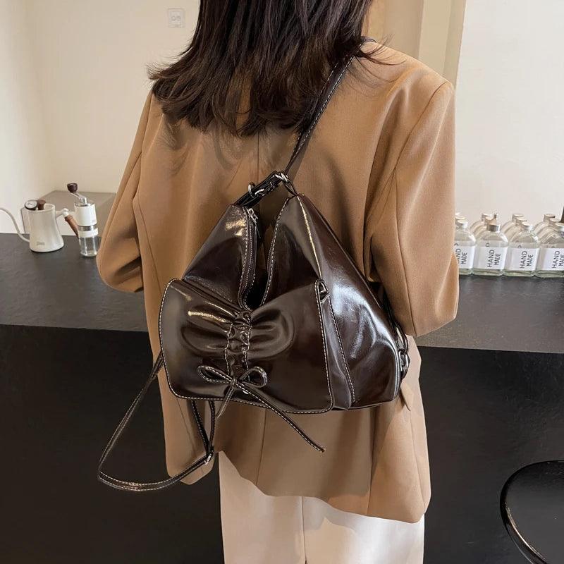 Leather Shoulder Bags Medium Women Flap Bow Drawstring Outer Pocket Zip Backpack