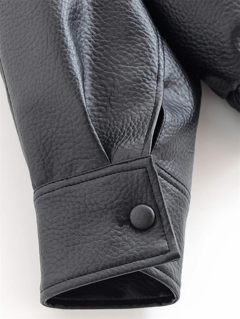 Women's Jacket Pebble Faux Leather Full-Sleeve Moto-Style Zipper Casual Coat