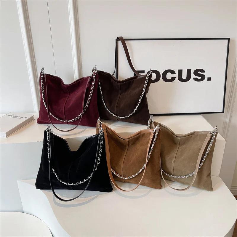 Large Shoulder Bags Nubuck Soft Leather Chain Strap Zipper Women Purses