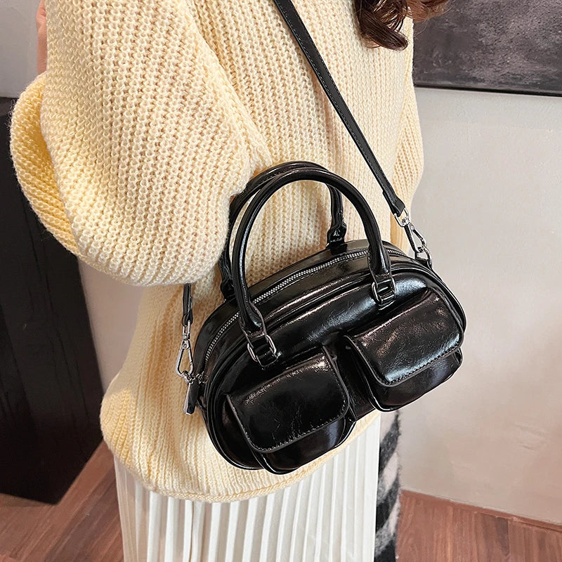 Small Leather Double Pockets Crossbody Bags  Women Zip Double Handles Handbags