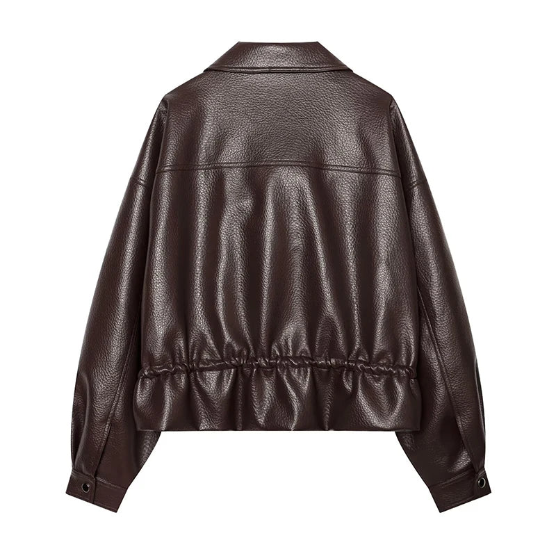 Women's Jacket Solid Faux Leather Drawstring Pleated Full-Zip Turn-Down Collar Loose Thick Streetwear Coat