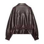Women's Jacket Solid Faux Leather Drawstring Pleated Full-Zip Turn-Down Collar Loose Thick Streetwear Coat
