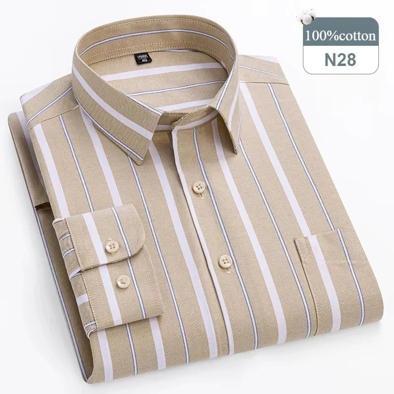 Plus Size 14XL 100%Cotton Long-Sleeve Shirts for Men Slim Fit Formal Plain Shirt Soft Plaid Striped Tops Office Elegants Clothes