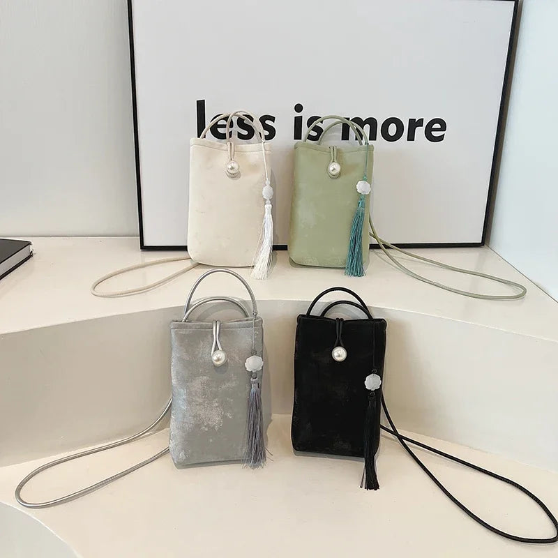 Mini PU Leather Crossbody Bag Women's Pearl Tasseled Phone Purses