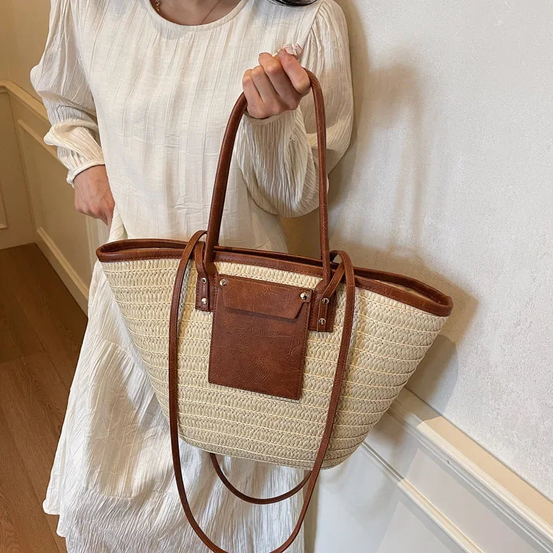 Large Straw Tote Bags Women's Zipper Woven Double Shoulder Straps Handbags