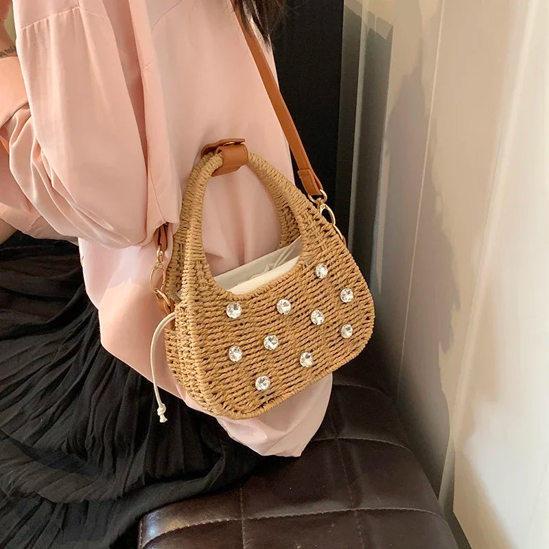 Mini Straw Tote Bags Women's Rhinestone Beaded Drawstring Crossbody Bags