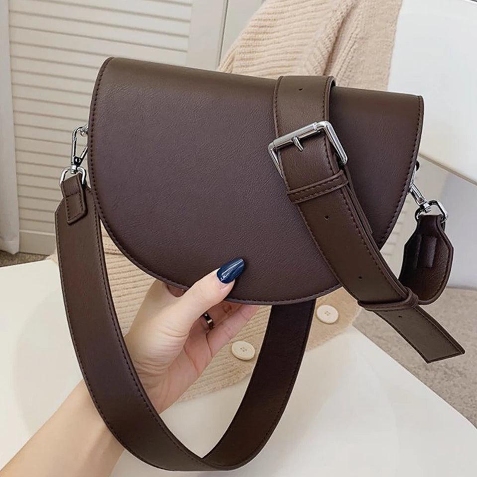 Leather Saddle Bags Small Semi Circle Women Wide Adustible Strap Crossbody Bags