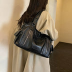 Women's Hobo Bag Vintage Large-Capacity Soft PU Leather Rivet-Accent Zipper Shoulder Bag with Phone Pocket
