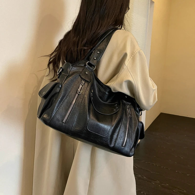 Women's Hobo Bag Vintage Large-Capacity Soft PU Leather Rivet-Accent Zipper Shoulder Bag with Phone Pocket
