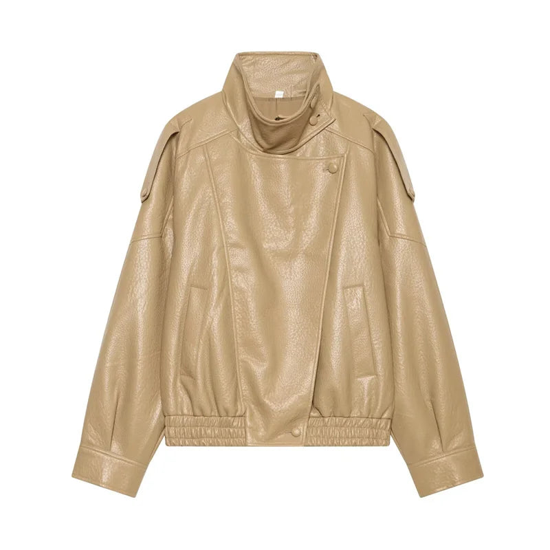 Women's Jacket Pebble Faux Leather Full-Sleeve Moto-Style Zipper Casual Coat