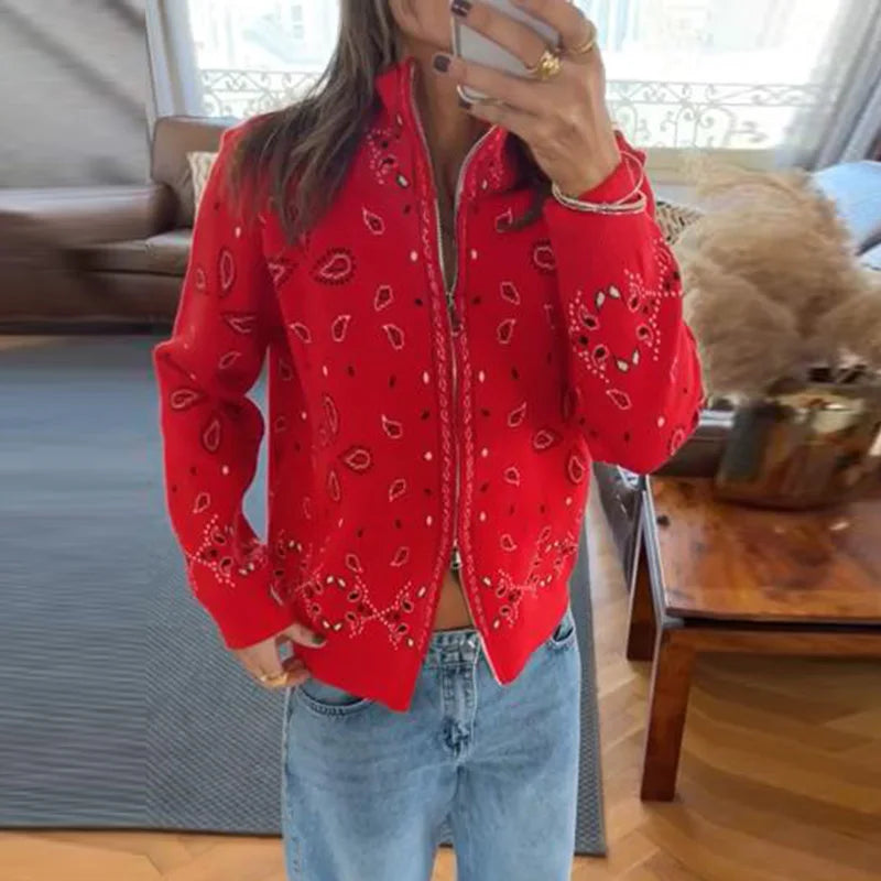 Casual Knit Printed Sweater Women Autumn Winter Loose Stand Collar Long Sleeve Button Knitwear Female 2026 Chic Lady Cardigan
