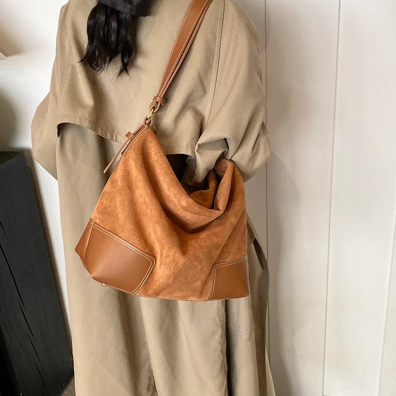 Nubuck Leather Shoulder Bags Women Large Patch Zipper Adjustable Strap Handbags