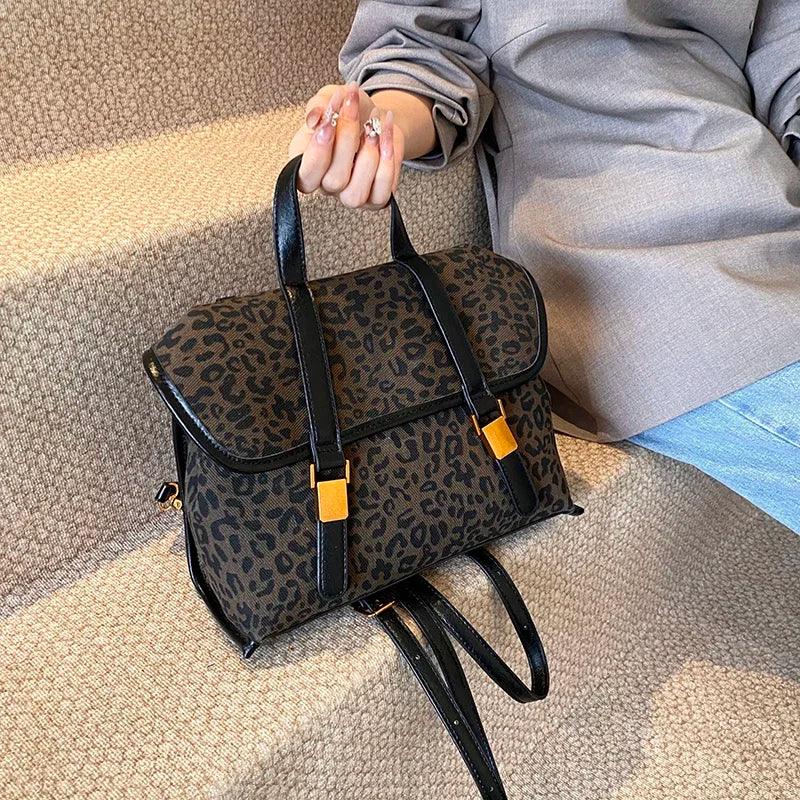 Medium Leather Satchel Bags Flap Snap Women's Leopard Reversible Backpacks