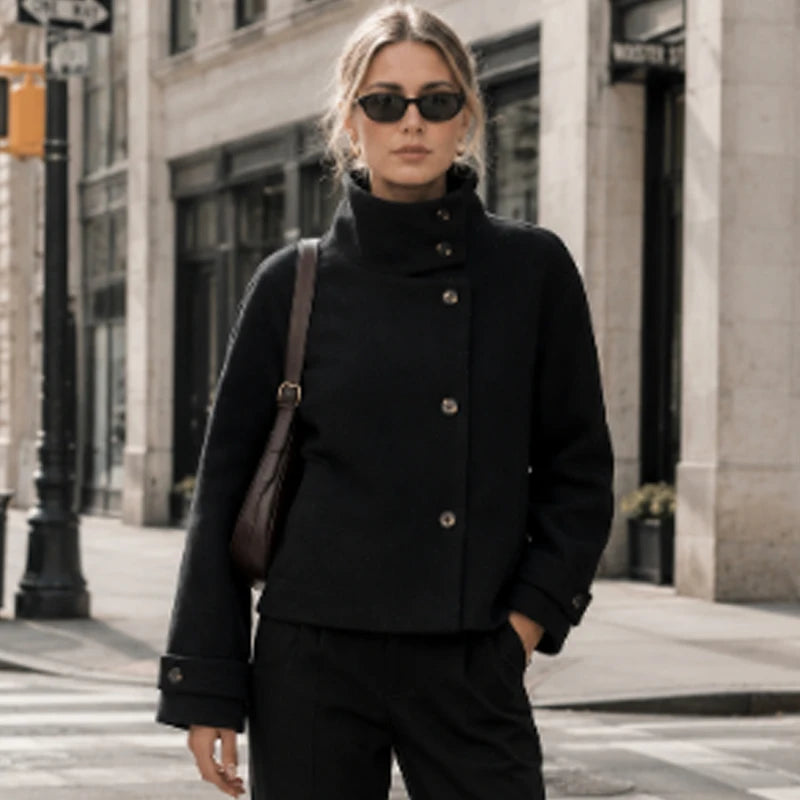 Women's Cropped High-Neck Button-Front Jacket
