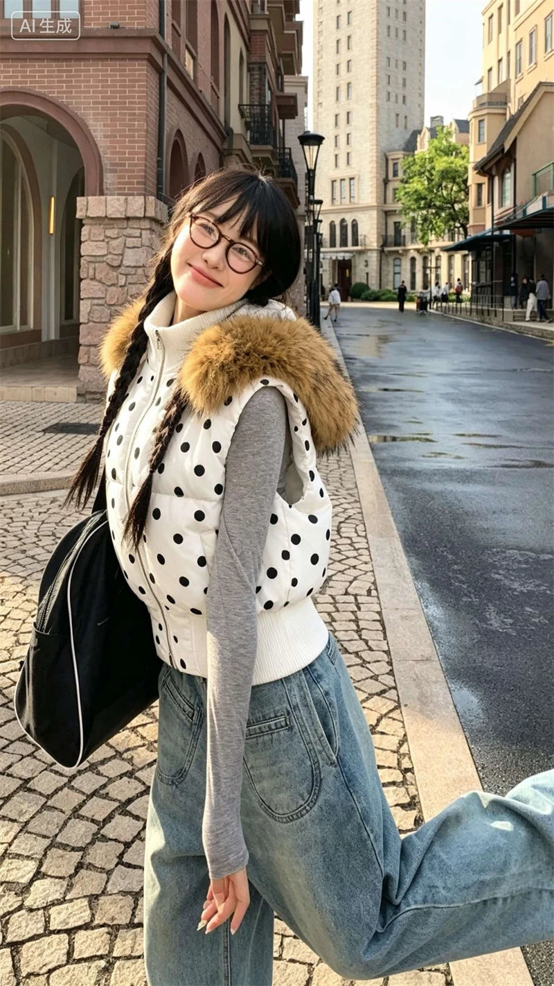Women's Polka Dot Hooded Puffer Vest with Plush Trim