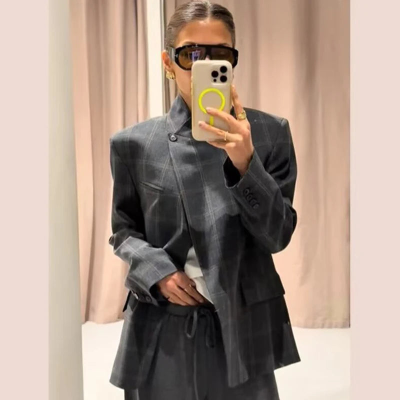 Women's Plaid Stand-Collar Single-Button Blazer Fashion High Street Outwear