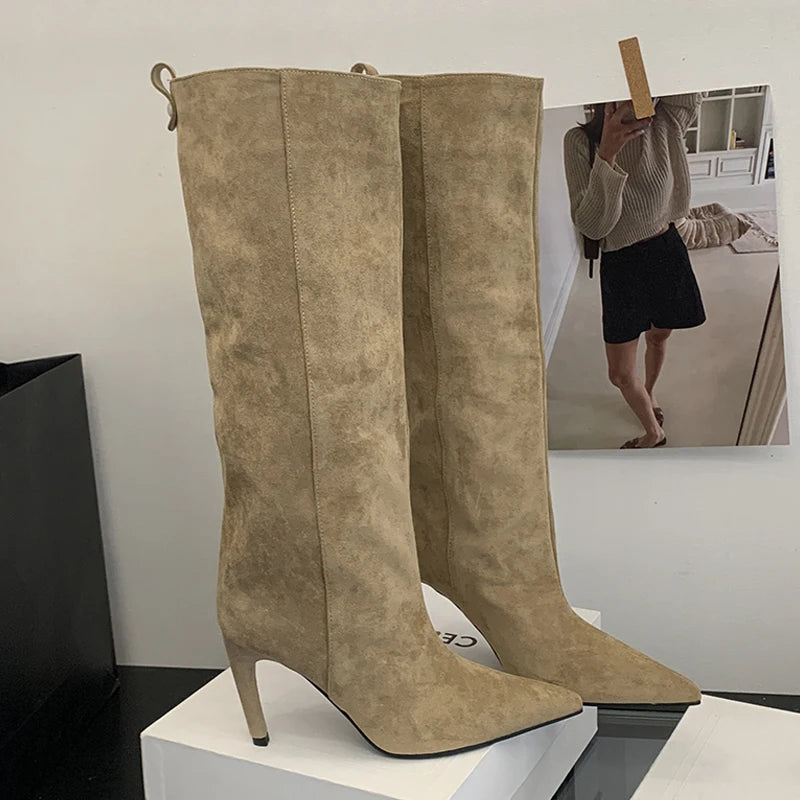 Women's Faux Suede Knee-High Boots with Pointed Toe