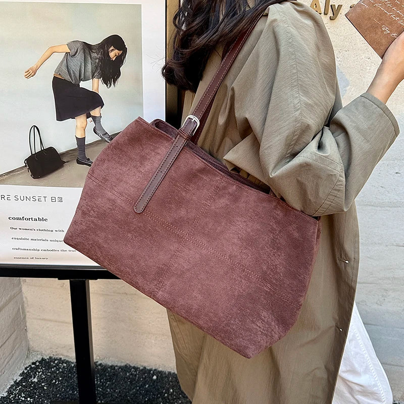 Women's Tote Bag Vintage Soft Faux-Suede Zipper Shoulder Bag with Phone Pocket