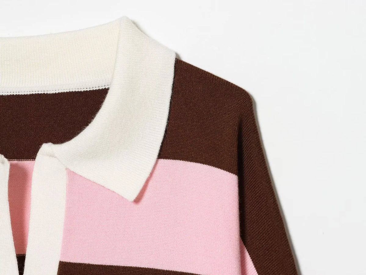 Women's Striped Polo Sweater Casual Long Sleeve Loose Pullover