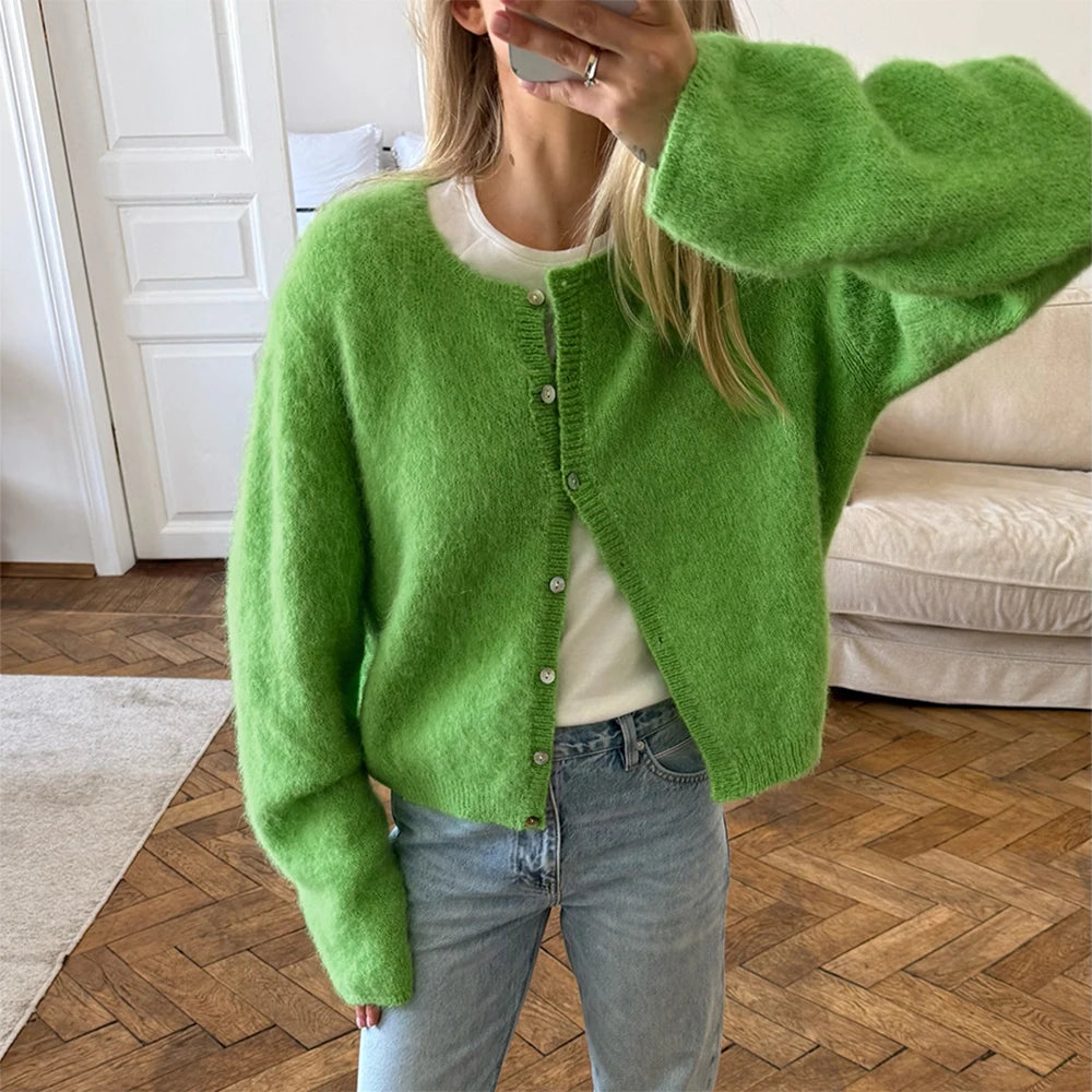 Cardigan Women's Spring and Autumn Loose Round Neck Knitted Jacket Soft Long Sleeved Sweater