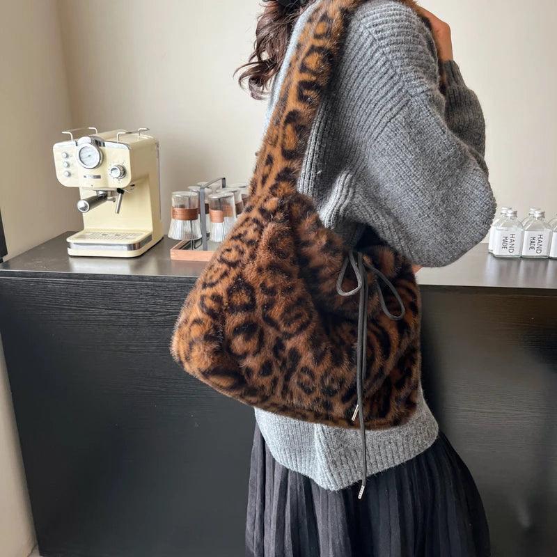 Leopard Faux Fur Shoulder Bags Drawstring Women Medium Soft Handbags Crossbody