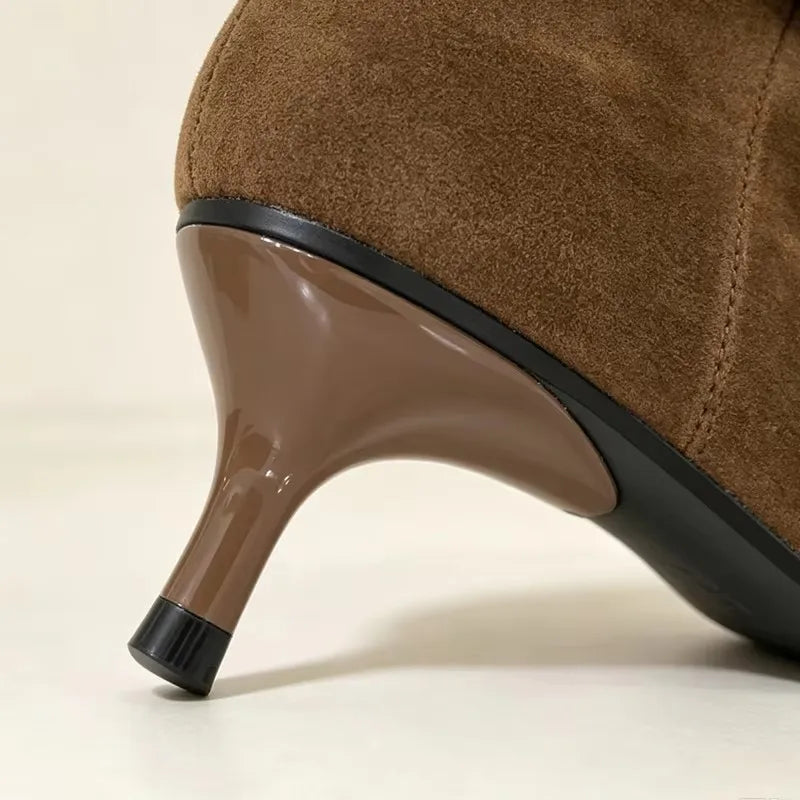 Women's Brown Faux Suede Ruched Kitten Heel Ankle Boots