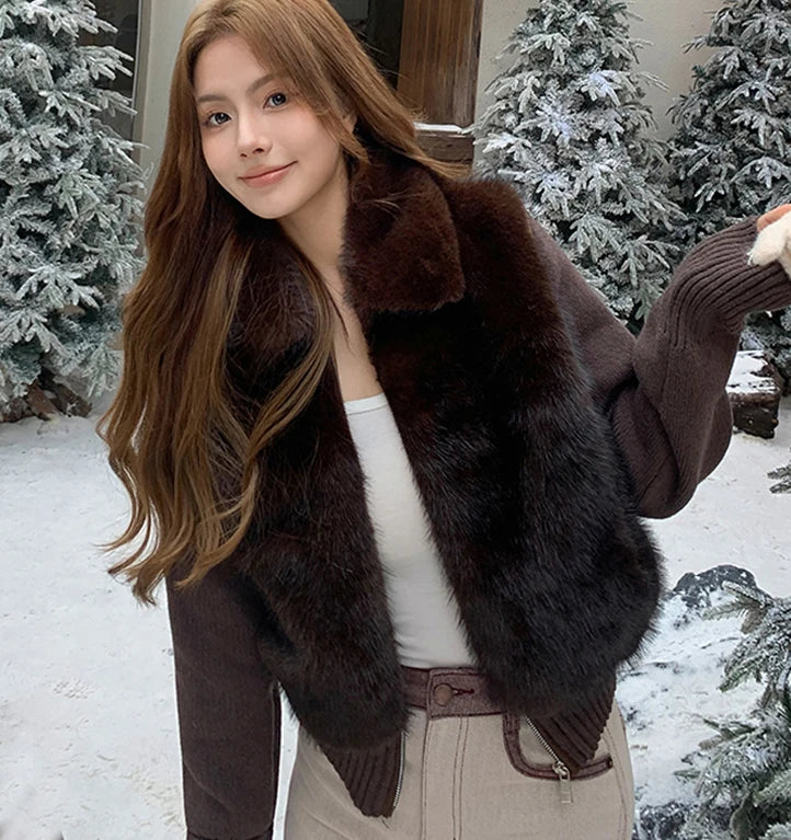 Women's Cropped Faux Fur Jacket with Ribbed Knit Sleeves
