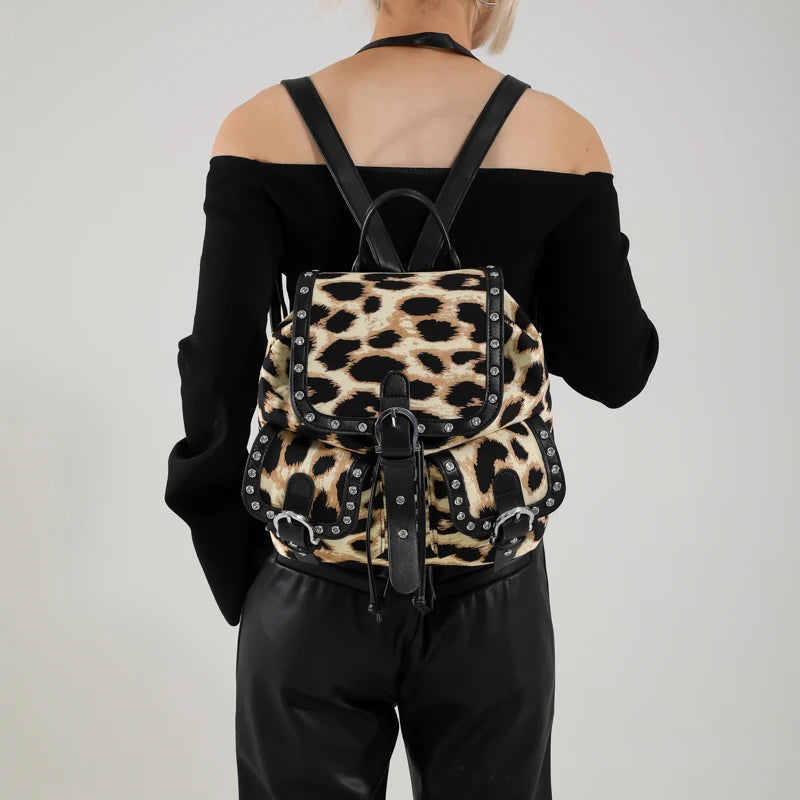 Leopard Rivets Backpacks Design Small Leather Women Drawstring Flap Belt Outer Pockets