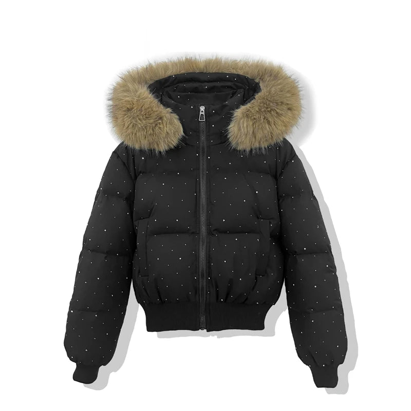 Women's Rhinestone Hooded Puffer Jacket with Plush Trim