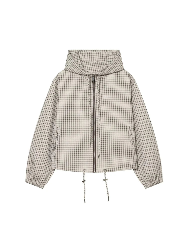 Women's Jacket Plaid Hooded Full-Zip Loose Turn-Down Collar Full-Sleeve Varsity Bomber Coat