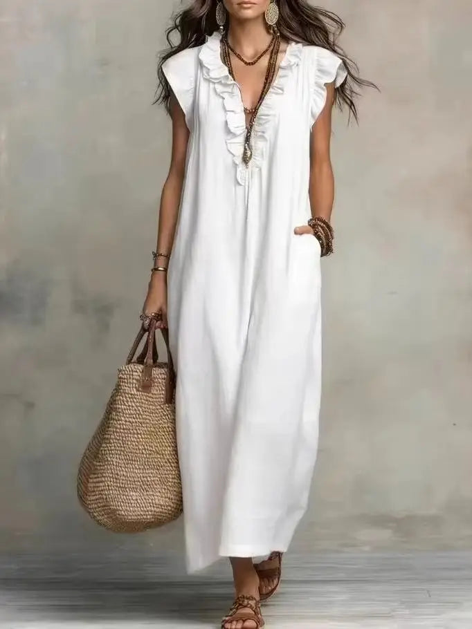Boho Maxi Dress with Pockets – Ruffle V-Neck Sleeveless Beach Dress
