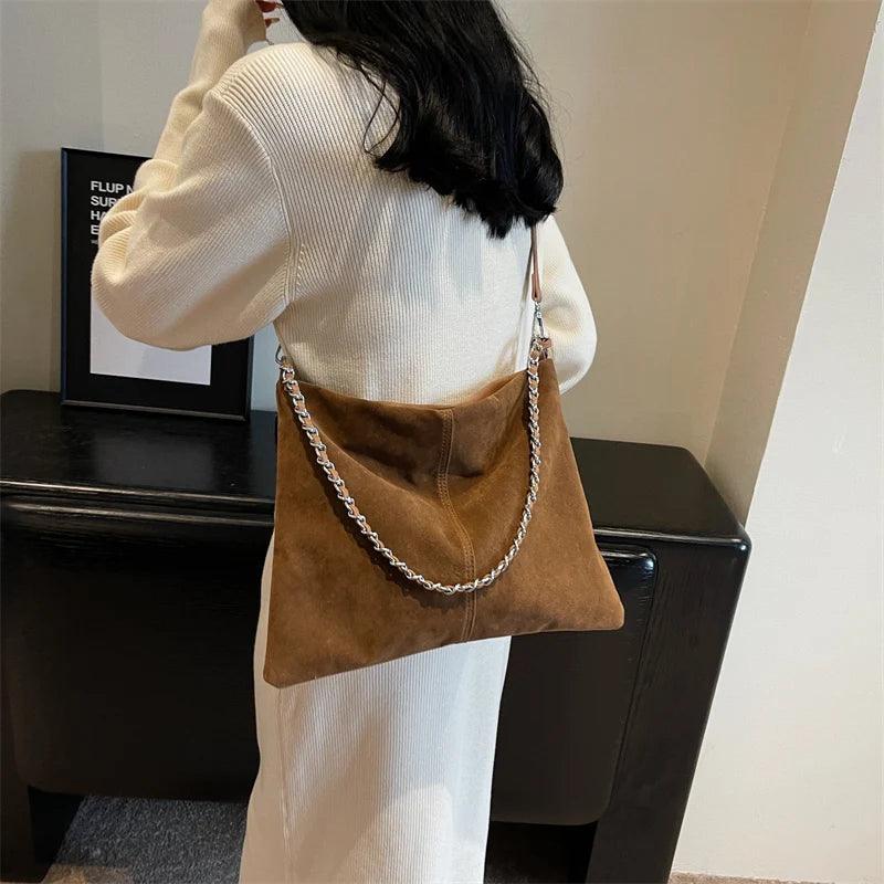 Large Shoulder Bags Nubuck Soft Leather Chain Strap Zipper Women Purses