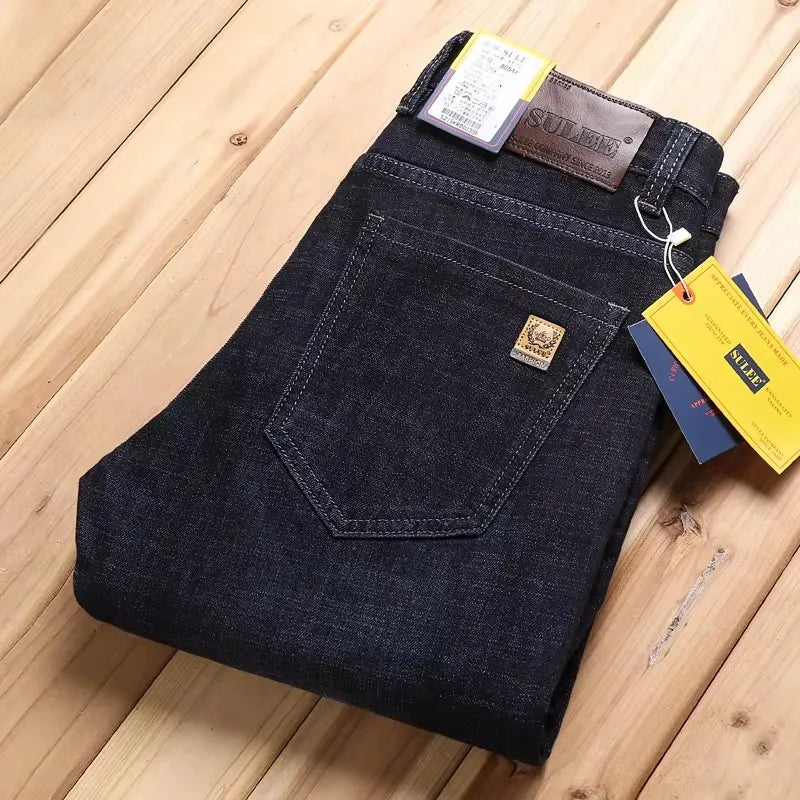 New High Quality Jeans Men's Business Casual Straight Denim Pants Stretch Fashion Classic Work Trousers Blue Black Male