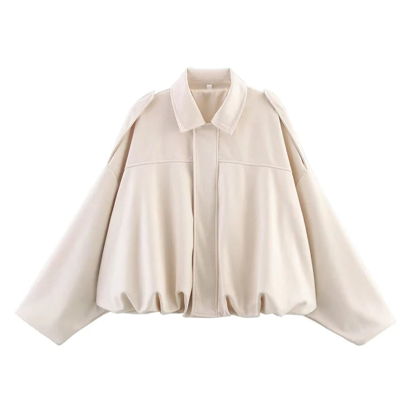 Women's Suede Textured Bomber Jacket Long Sleeve Lapel Collar Loose Coats Casual Outerwear