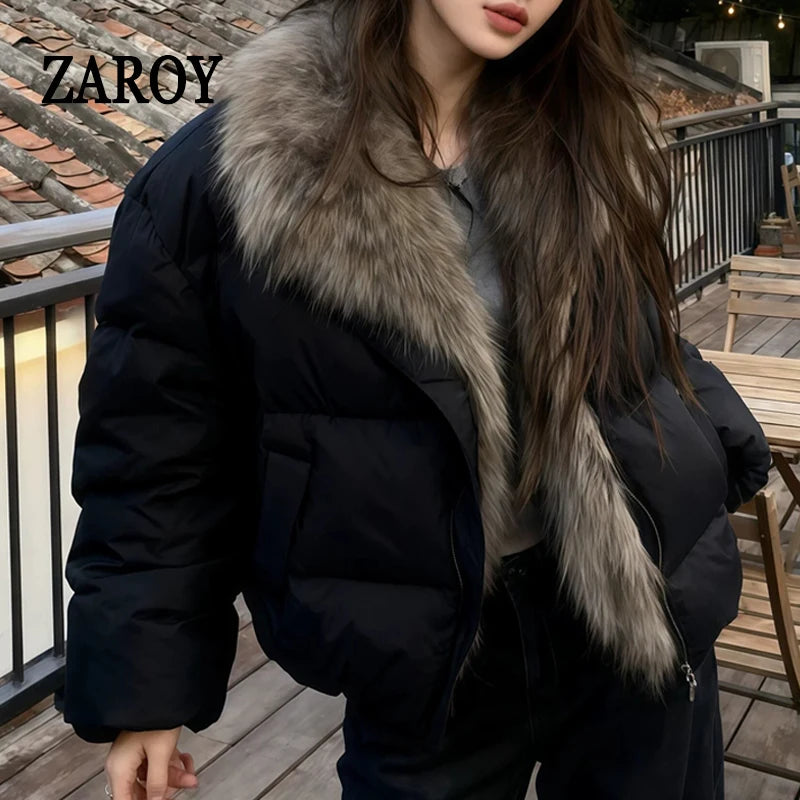 Women's Cropped Puffer Jacket with Faux Fur Collar