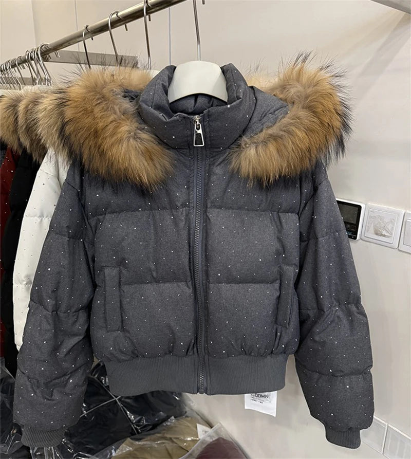 Women's Rhinestone Hooded Puffer Jacket with Plush Trim