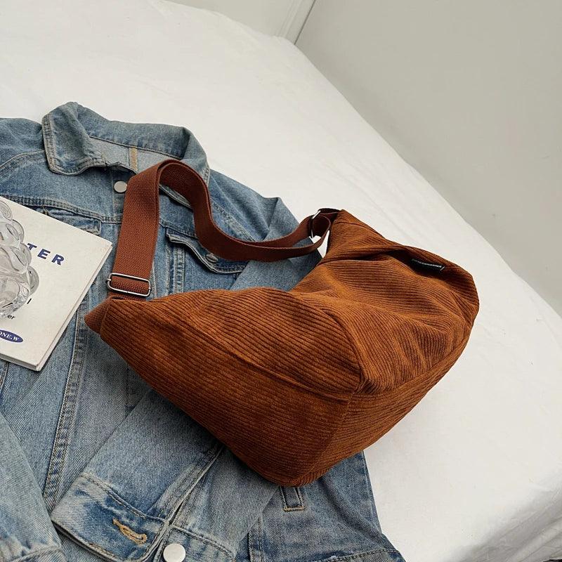 Large Corduroy Soft Fabric Shoulder Bags Women Zipper Solid Hobo Handbags