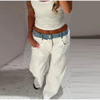 Women's Denim Patchwork Wide-Leg Ankle Jeans Drawstring Low Waist Loose Fit Casual Trendy Bottoms