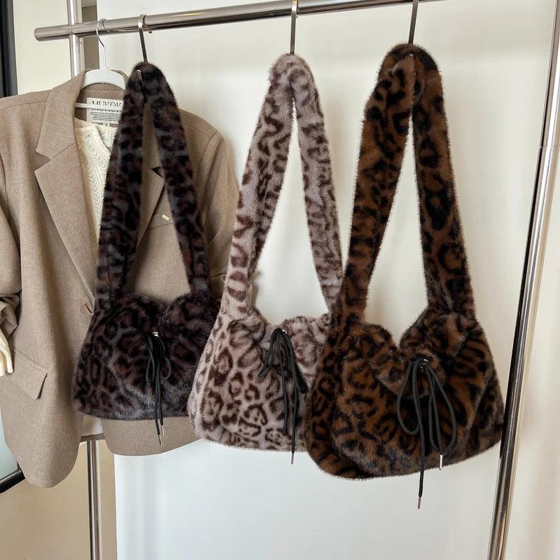 Leopard Faux Fur Shoulder Bags Drawstring Women Medium Soft Handbags Crossbody