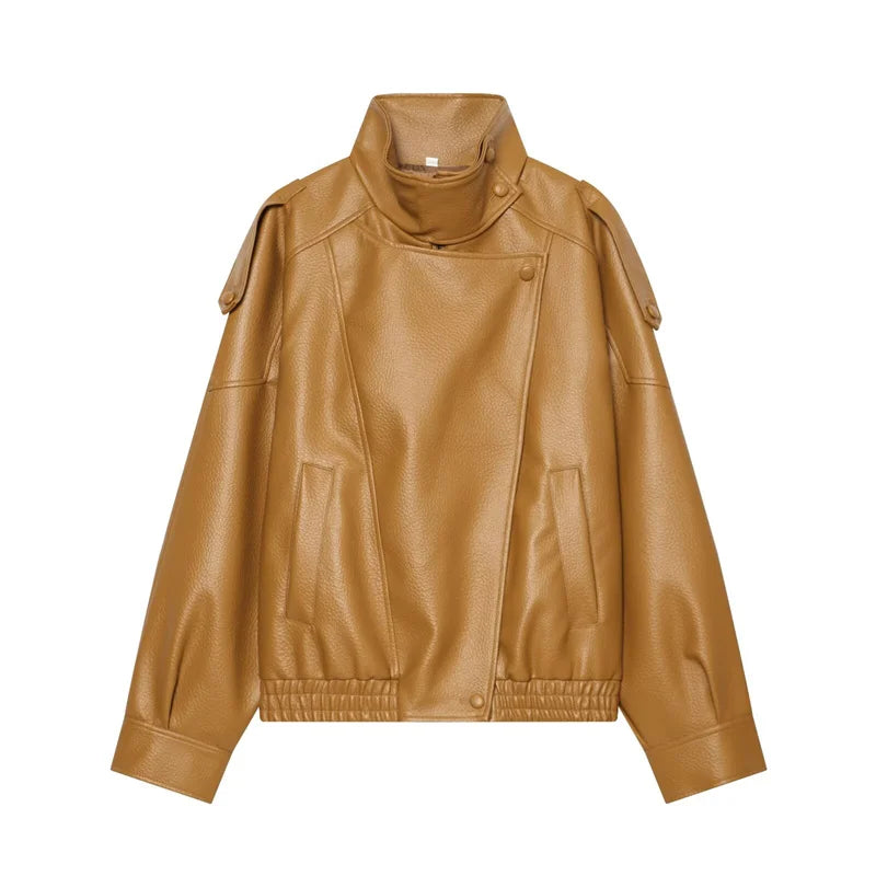 Women's Jacket Pebble Faux Leather Full-Sleeve Moto-Style Zipper Casual Coat