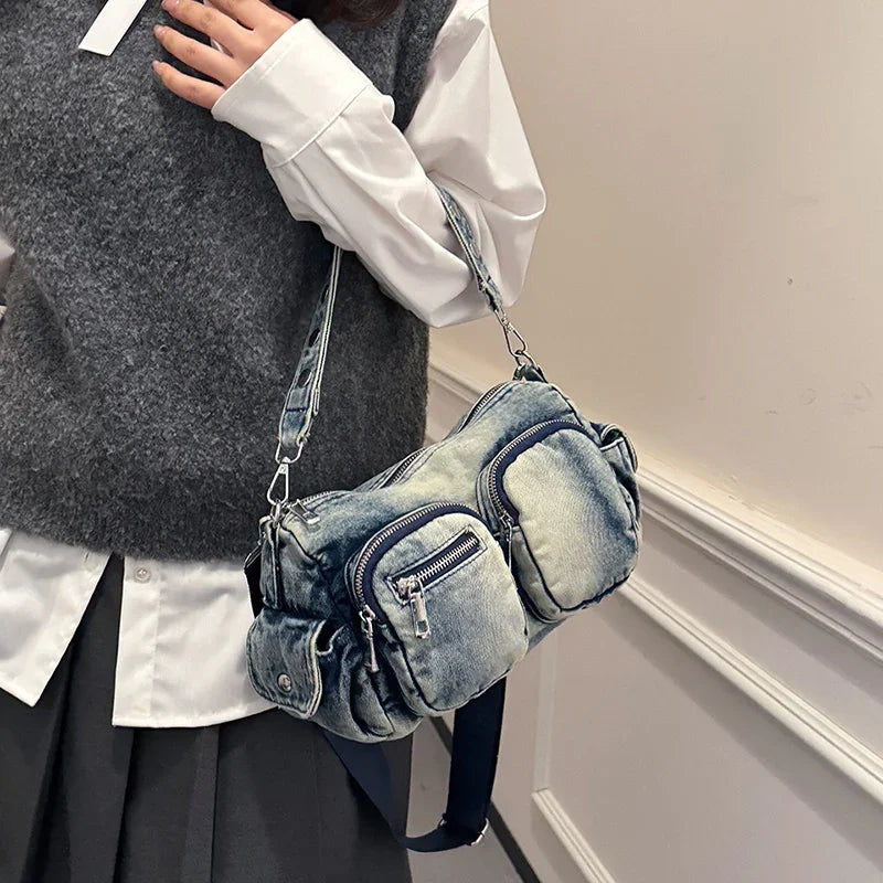 Denim Small Shoulder Bag Women Zipper Outer Pockets Retro Crossbody Purses