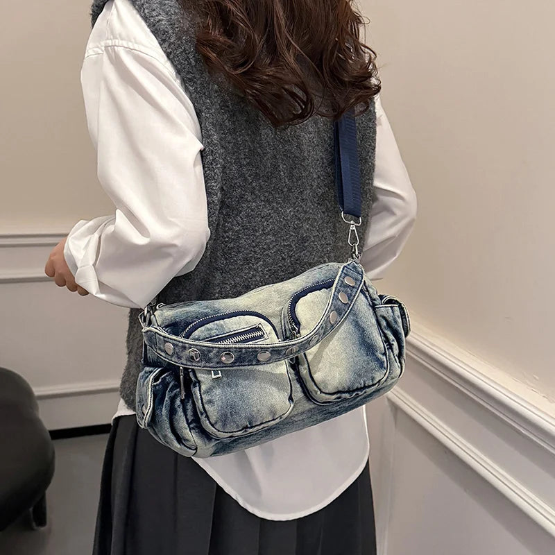 Denim Small Shoulder Bag Women Zipper Outer Pockets Retro Crossbody Purses