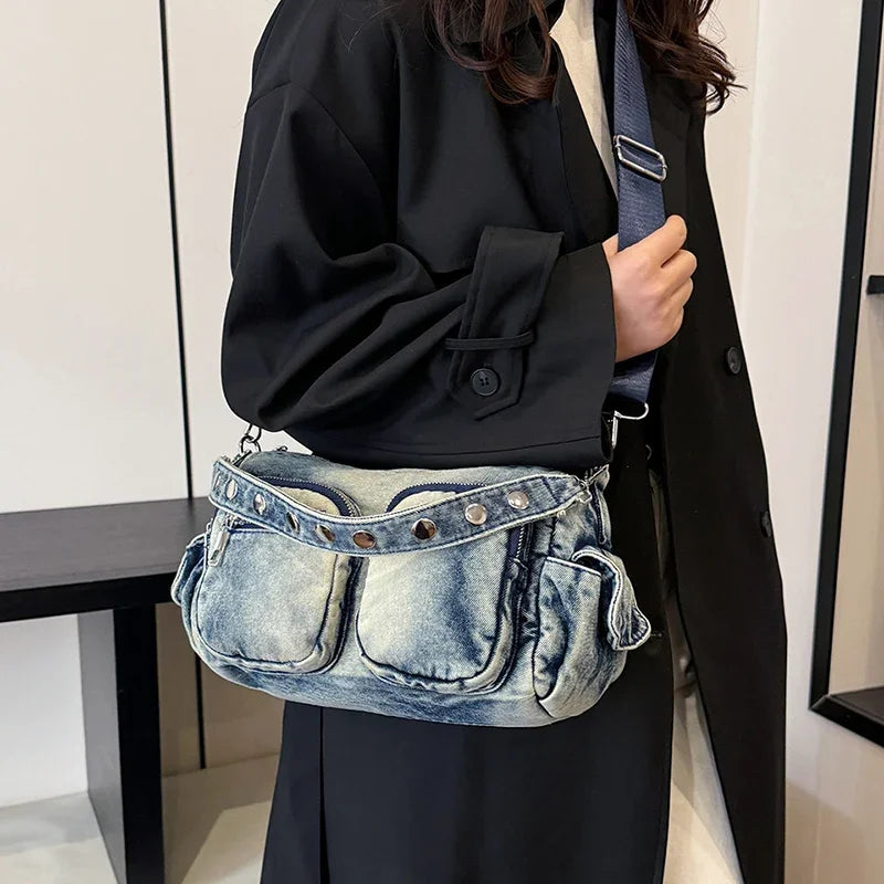 Denim Small Shoulder Bag Women Zipper Outer Pockets Retro Crossbody Purses