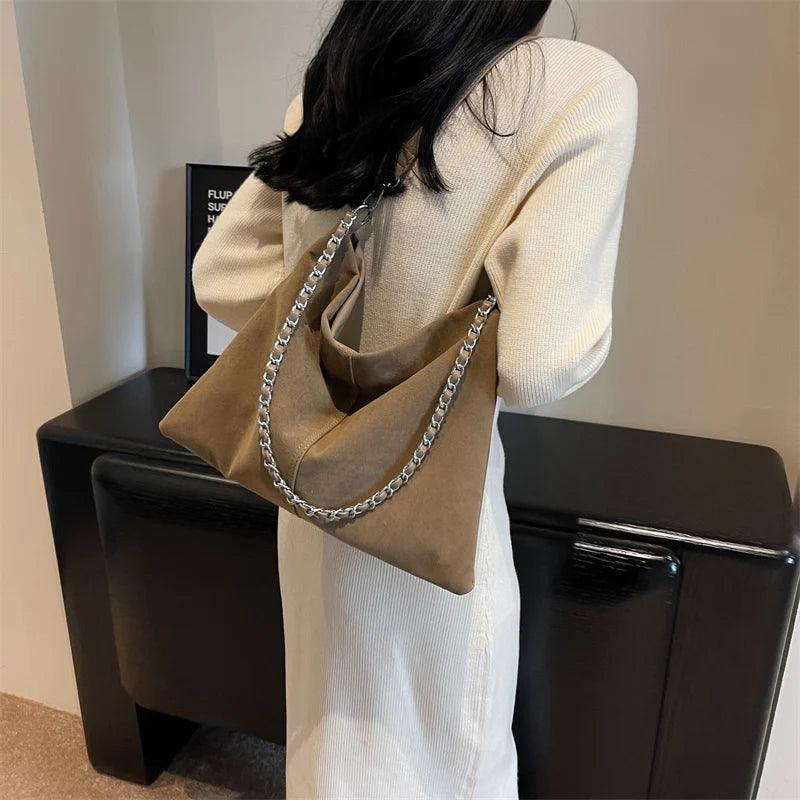 Large Shoulder Bags Nubuck Soft Leather Chain Strap Zipper Women Purses