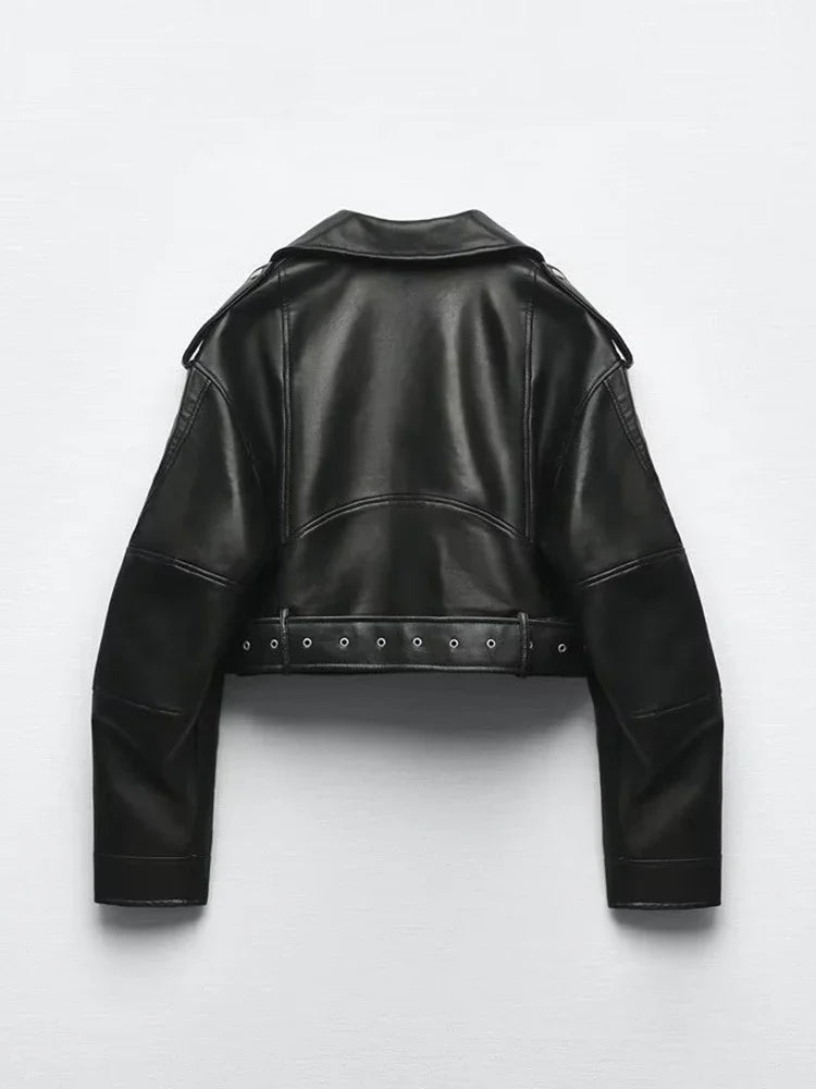 Women's Jacket Vintage Oversized Loose Faux PU Leather Full-Zip Turn-Down Lapel Short Retro Moto Biker Coat